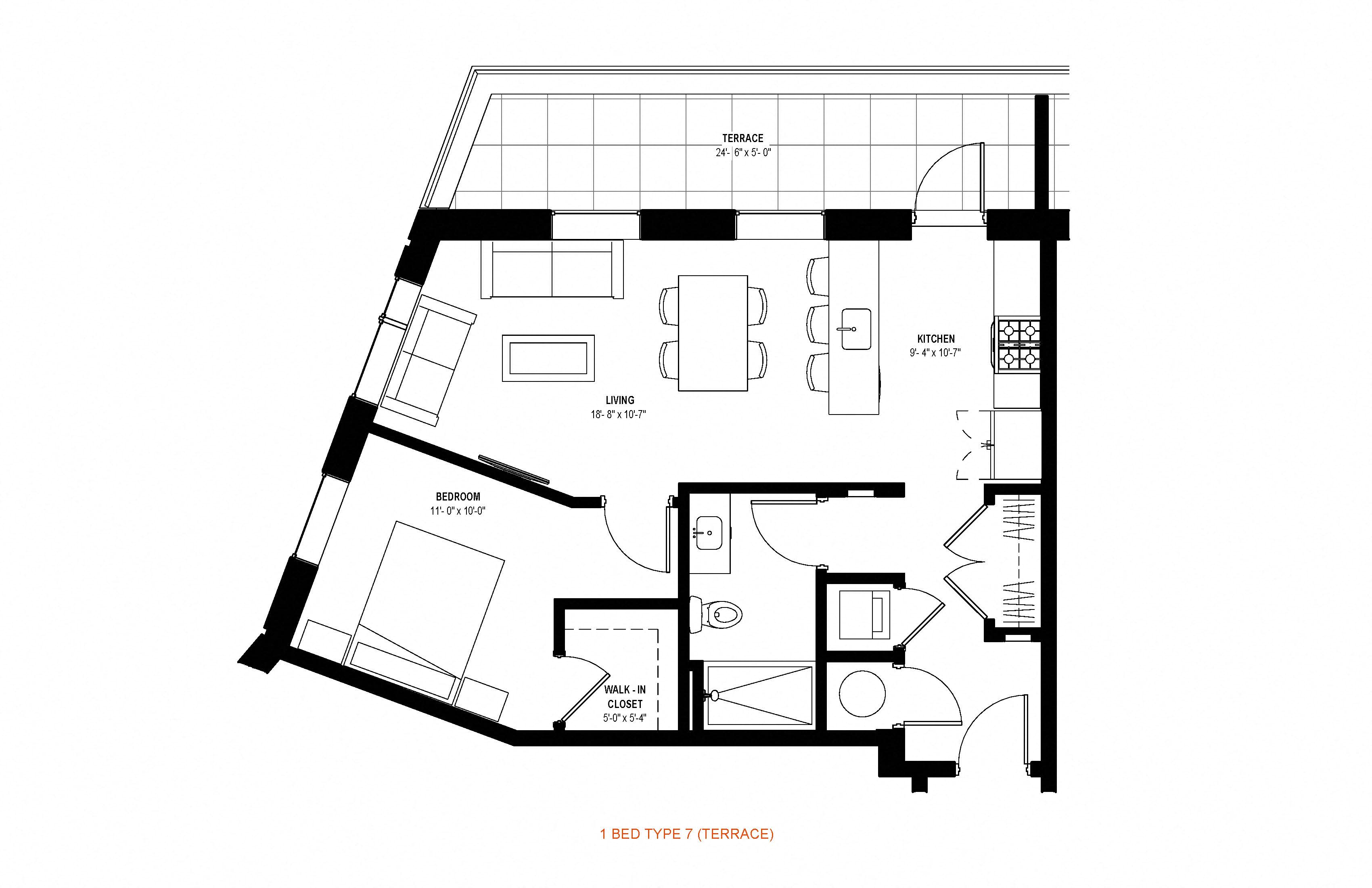 Floor plan for 1 bed, 1 bath, 709 sqft